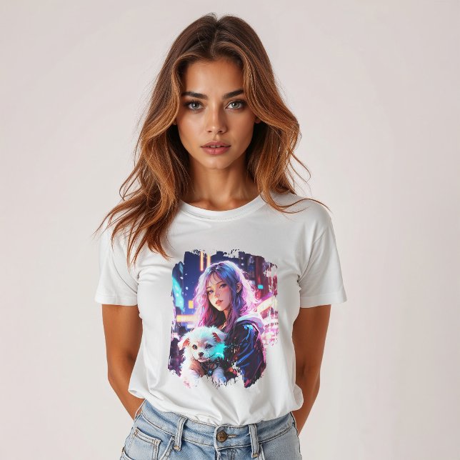 T-shirt Anime Girl and Puppy : Whimsical Night City (Créateur téléchargé)