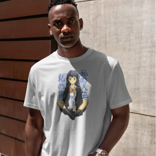 T-shirt Anime Girl Assis Avec Chat (Créateur téléchargé)