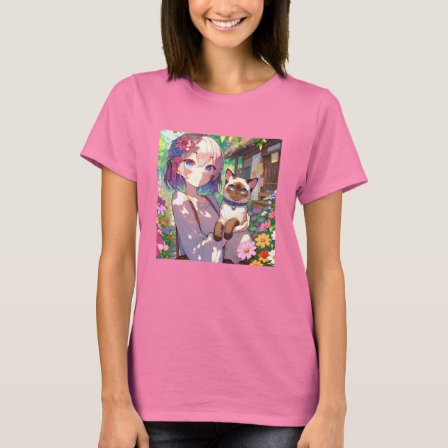 T-shirt Anime Girl et chat siamois (Devant)