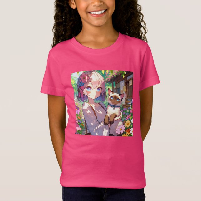 T-Shirt Anime Girl et chat siamois (Devant)