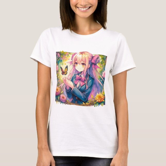 T-shirt Anime Girl et papillon aquarelle (Devant)