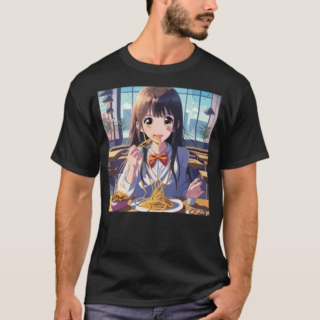 T-shirt Anime Girl Manger Spaghetti (Devant)
