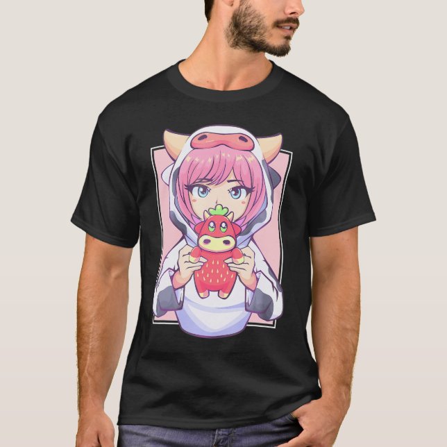 T-shirt Anime Girl Pour Les Amateurs De Vache Et Fraise Ka (Devant)