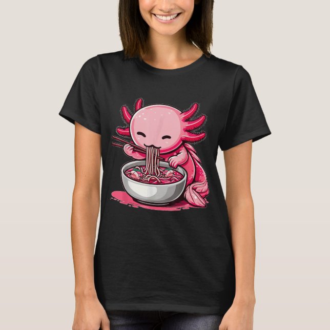 T-shirt Anime Kawaii Axolotl Eating Ramen Noodles (Devant)