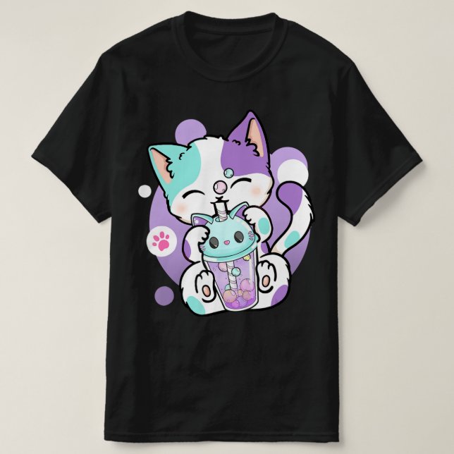 T-shirt Anime Kawaii Chat Boba Buble Tea Neko Boba Tea Cat (Design devant)