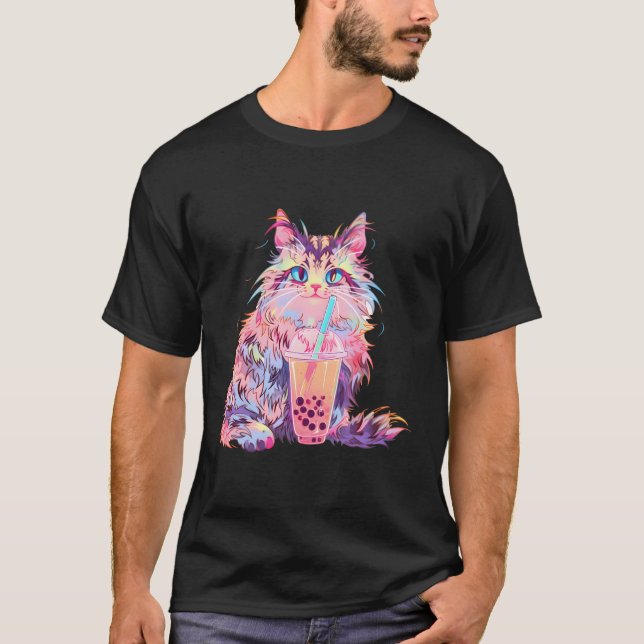 T-shirt Anime Maine Coon Chat Boba Boire Kawaii Kitty Bubb (Devant)