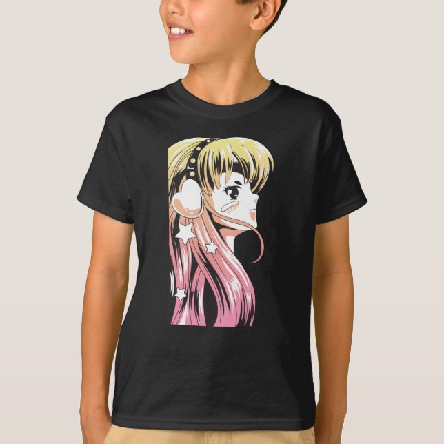 T-shirt Anime Manga Girl Gradient Cheveux Jaune rose (Devant)