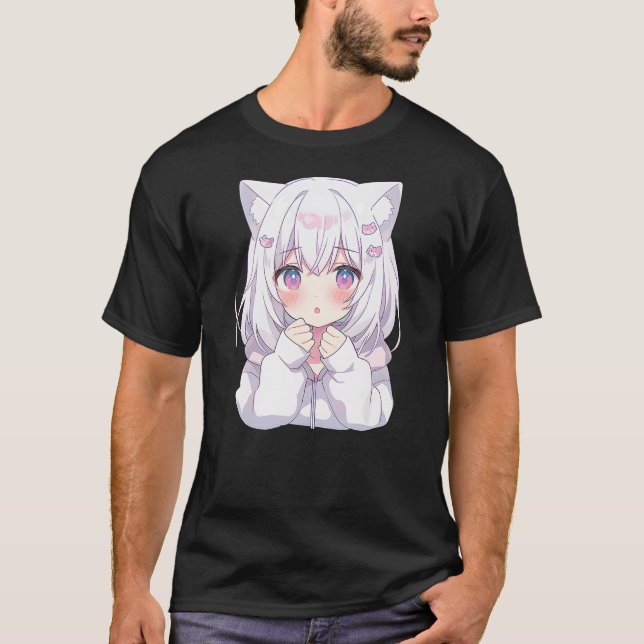 T-shirt Anime Manga Graphic Tee Kawaii Cute Shy Cat Girl (Devant)