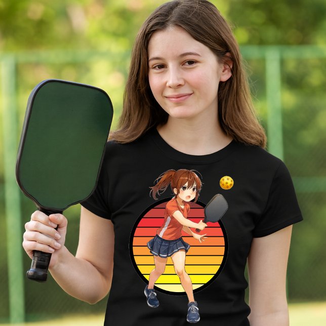 T-shirt Anime Pickleball Girl On Retro Sunset Template (Créateur téléchargé)