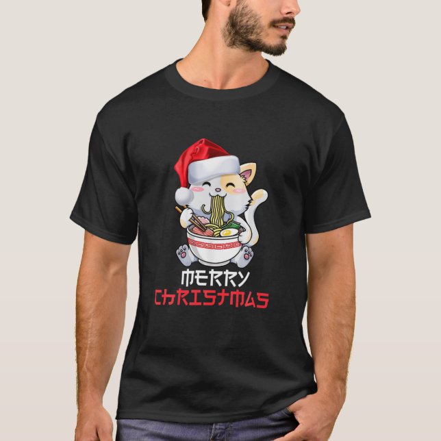 T-shirt Anime Ramen Chat Joyeux Noël Japonais Nouilles K (Devant)