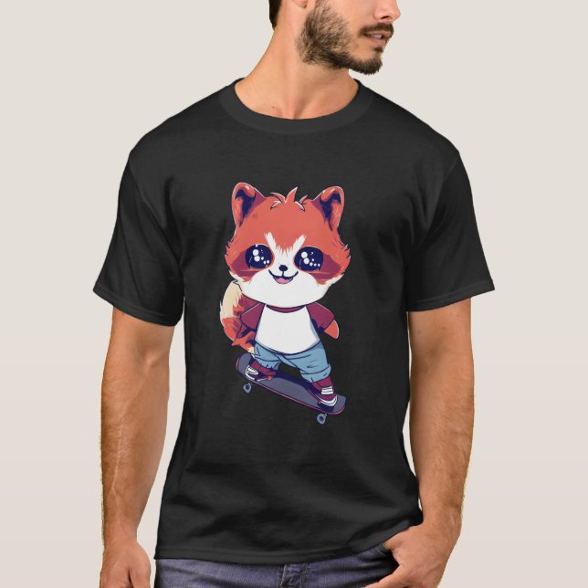 T-shirt Anime Red Panda Skateboarding Skater (Devant)