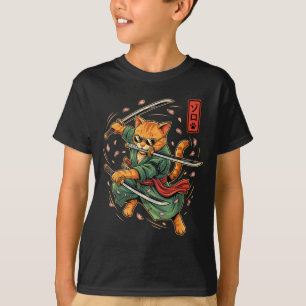 T-shirt Anime Samouraï Chat Trois Épées Art Style Japonais