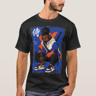T-shirt Anime Samouraï Streetwear Afro Noir