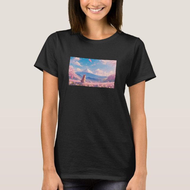T-shirt Anime Shiba Inu Under Sakura Tree with Mount Fuji (Devant)