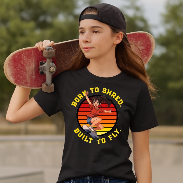 T-shirt Anime Skateboarder Girl On Retro Sunset Template (Créateur téléchargé)