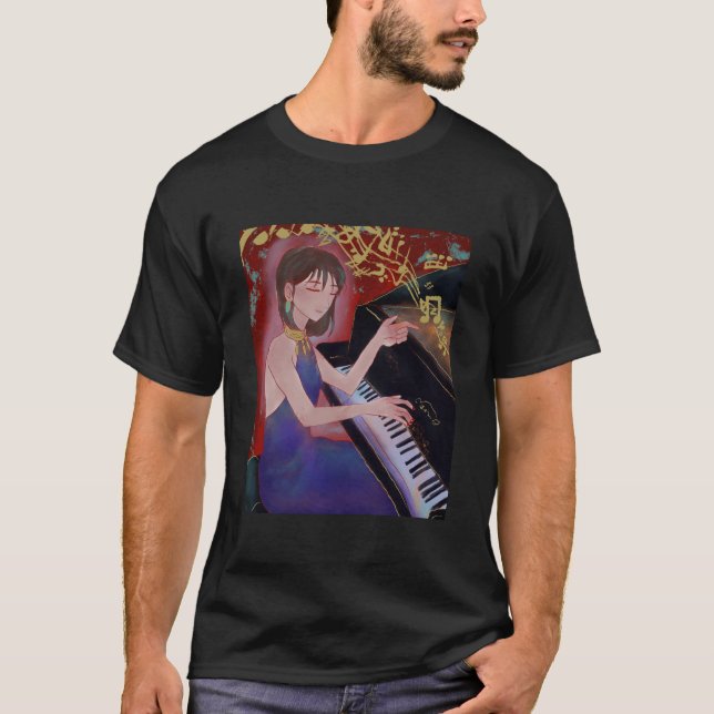 T-shirt Anime Style Girl Playing Piano Elegant Music  (Devant)