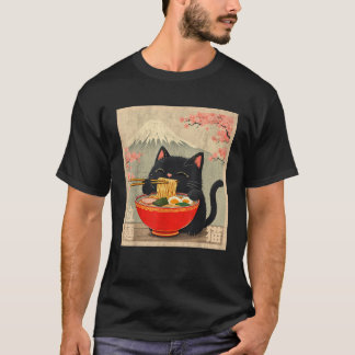T-shirt Anime Unisexe Chat Mangeant Des Ramen Noir Petit