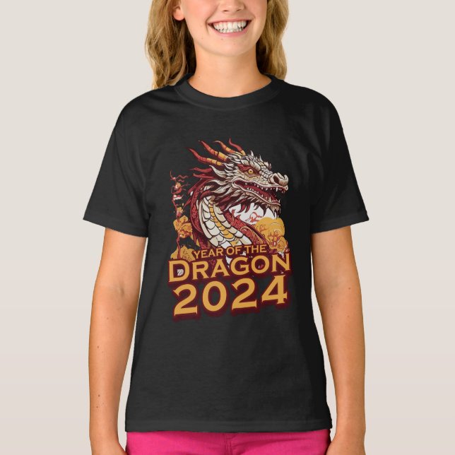 T-shirt Année du dragon 2024 fille noir Hoody, Dragon (Devant)