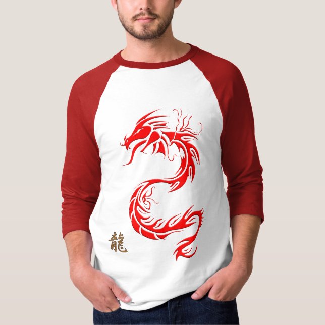 T-shirt Année du "DRAGON" chinois Dragon rouge & Kanji (Devant)
