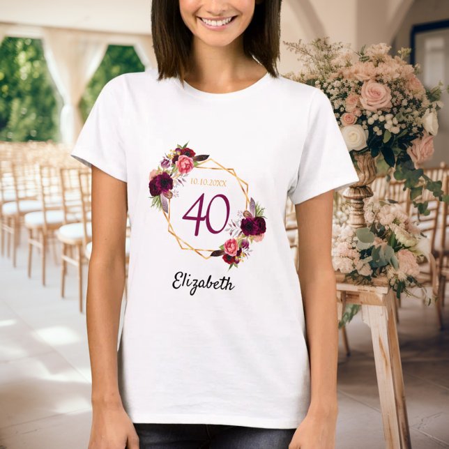 T-shirt Anniversaire blanc or bordeaux floraux (Créateur téléchargé)