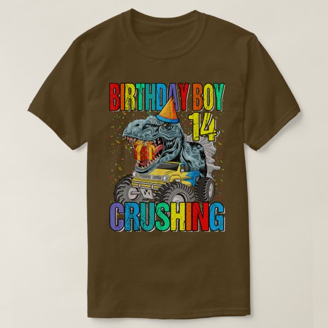 T-shirt Anniversaire Boy Crushing 14 Monster Truck Dinosau (Design devant)