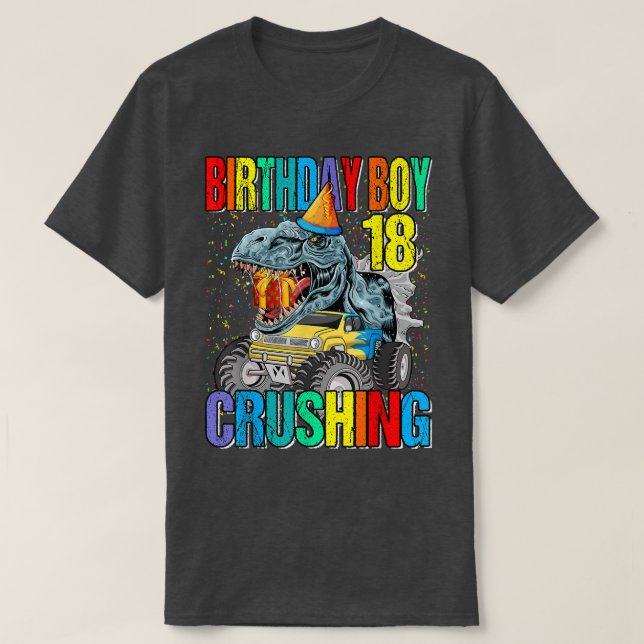 T-shirt Anniversaire Boy Crushing 18 Monster Truck Dinosau (Design devant)