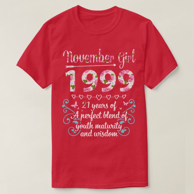 T-shirt Anniversaire Novembre Fille 1999 Joyeux 21 Ans D'U (Design devant)