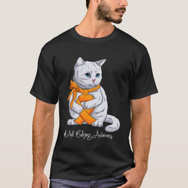 T-shirt Anti Bullying Awareness Month Orange Ribbon Cat (Devant)