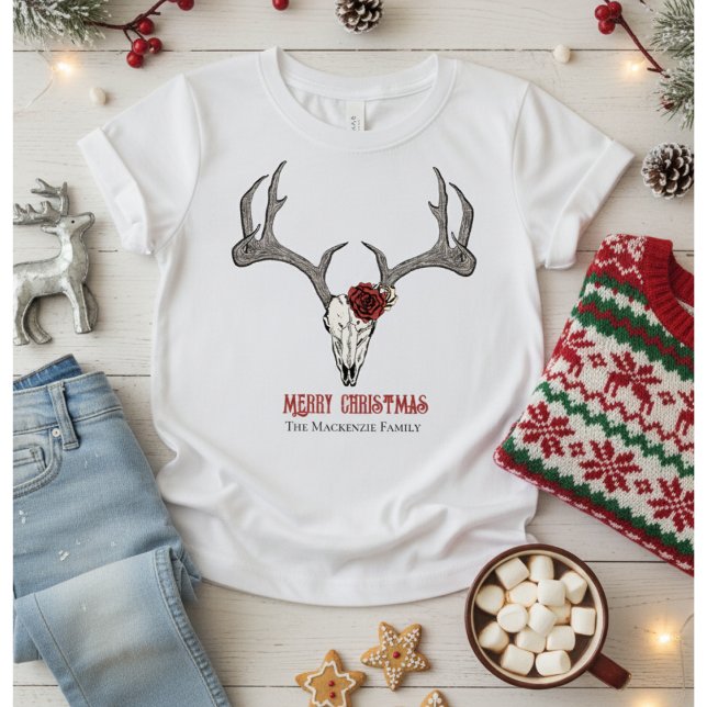 T-Shirt Antlers crâne de rennes de tête de cerf rustique p (Cute Country Christmas Kids T-Shirt for Her. Merry Christmas Floral Reindeer Skull & Antlers. Roses.)