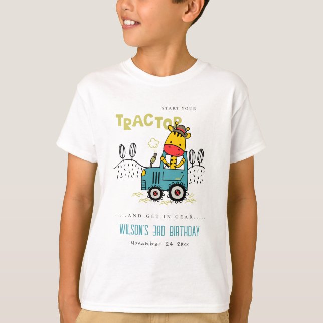 T-shirt Aqua Giraffe Bleue Dans Ferme Tracteur Garçons Ann (Devant)