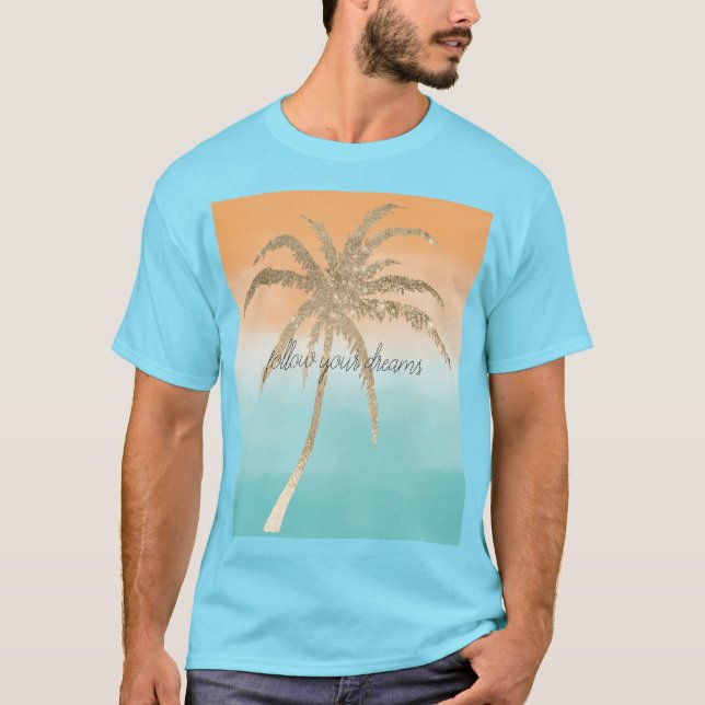 T-shirt Aqua Peach Gold Tropical Palm Trees Ombre    (Devant)