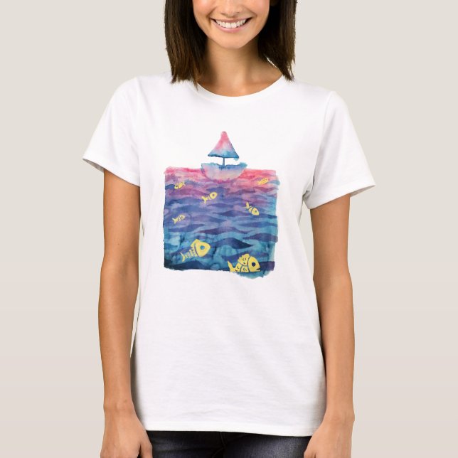 T-shirt Aquarelle Bateau et poisson (Devant)