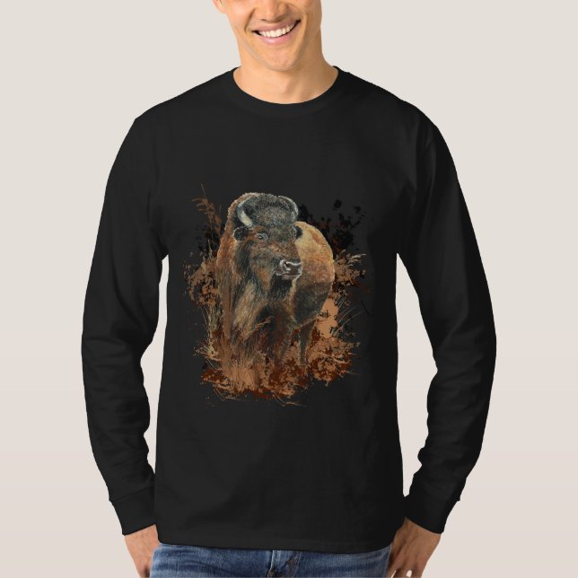 T-shirt Aquarelle Bison Buffalo Animaux Nature T- (Devant)