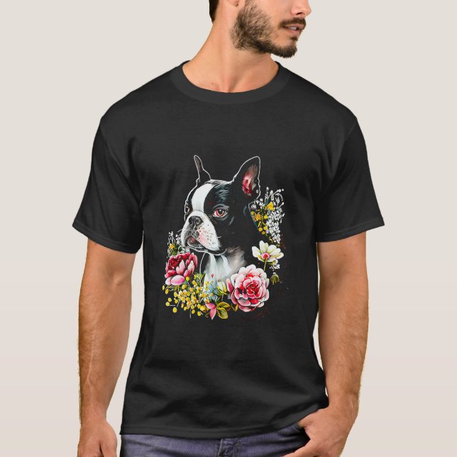 T-shirt Aquarelle Boston Terrier avec fleurs Bostie 16 (Devant)
