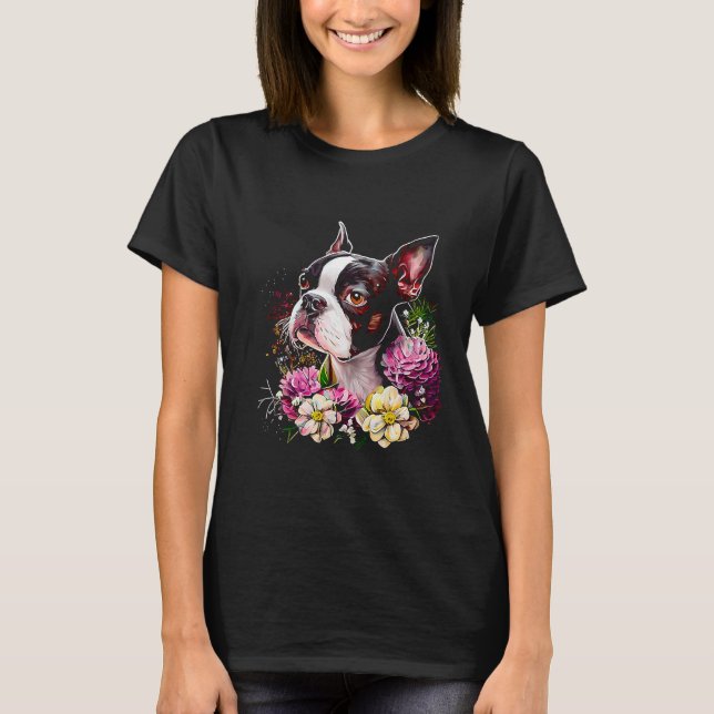 T-shirt Aquarelle Boston Terrier avec fleurs Bostie 19 (Devant)