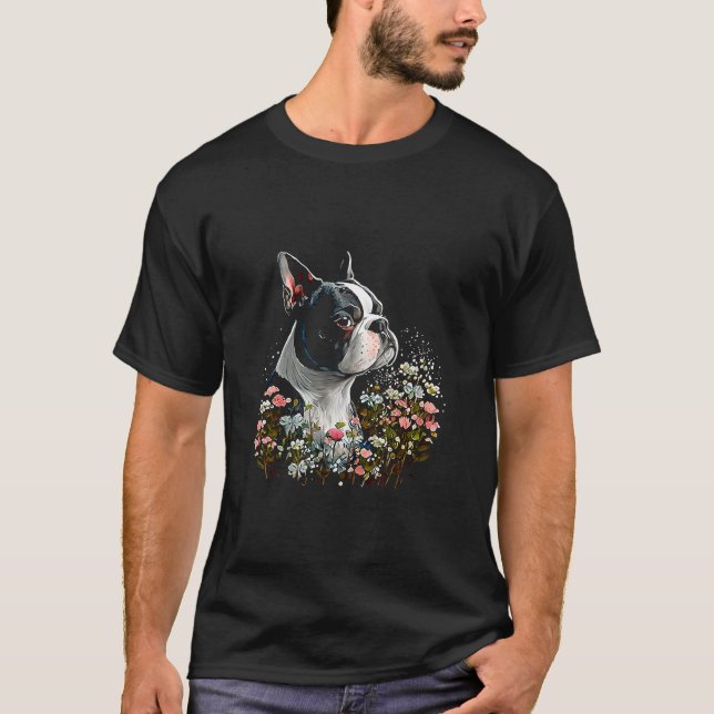 T-shirt Aquarelle Boston Terrier avec fleurs Bostie 84 (Devant)