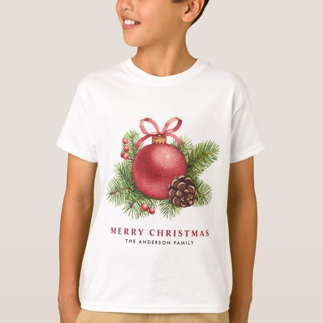 T-shirt Aquarelle Boule rouge Ornement Joyeux Noël (Devant)