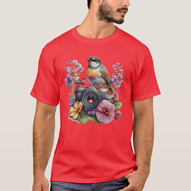 T-shirt Aquarelle Caméra florale avec ami d'oiseaux (Devant)