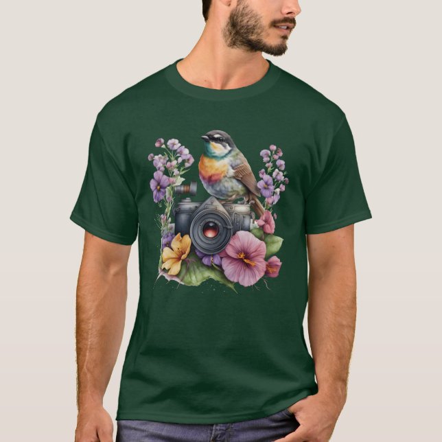T-shirt Aquarelle Caméra Florale Avec Oiseau drôle (Devant)