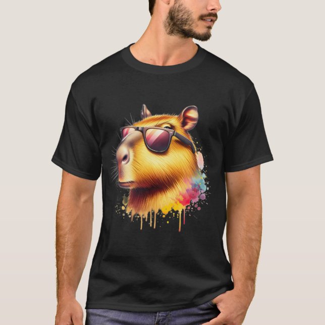 T-shirt Aquarelle Capybara porter des lunettes de soleil (Devant)