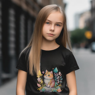 T-Shirt Aquarelle Chat orange avec Fleurs