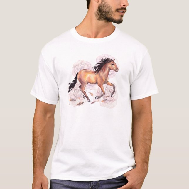 T-shirt Aquarelle Cheval Wild Avec Fleurs Boho Arrière - p (Devant)