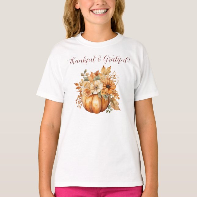 T-shirt Aquarelle Citrouille et fleurs-Gentil et gracieux (Devant)