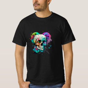 T-shirt Aquarelle colorée Coeur du crâne et fleurs