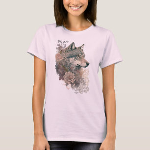 T-shirt Aquarelle colorée Wolf et Florals dans la nature
