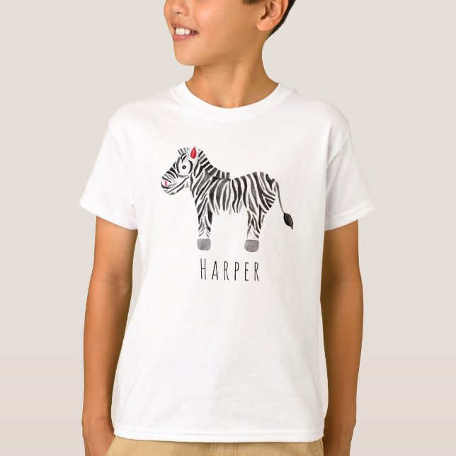 T-shirt Aquarelle Cool du garçon Zebra Safari sous son nom (Devant)