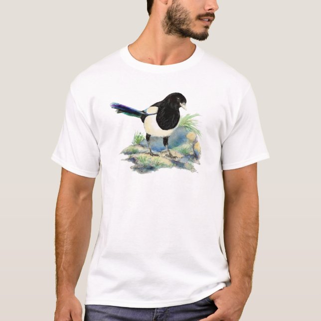 T-shirt Aquarelle Curious Magpie Amusante Oiseau Art (Devant)