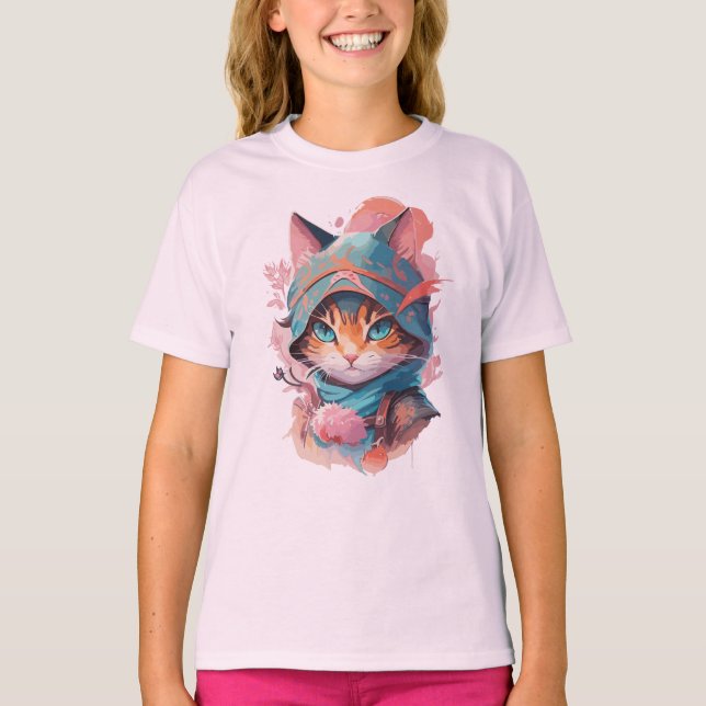 T-shirt Aquarelle Cute Hoded Ninja Chat (Devant)
