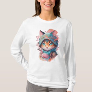 T-shirt Aquarelle Cute Hoded Ninja Chat