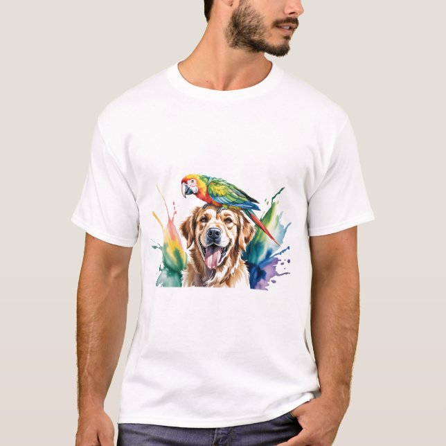 T-shirt Aquarelle d'Ara et Retriever doré (Devant)